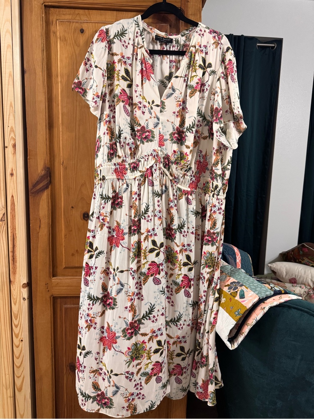 Lane Bryant Cream Midi Dress with Pink & Green Floral Print